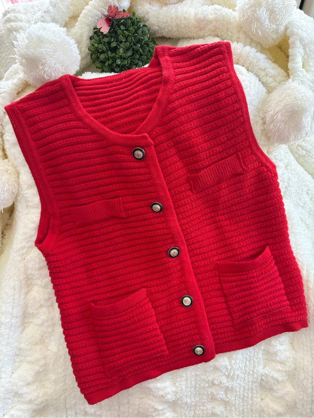 Beautiful Christmas Red Textured Knit Sweater Vest W/Decorative Buttons 🎥